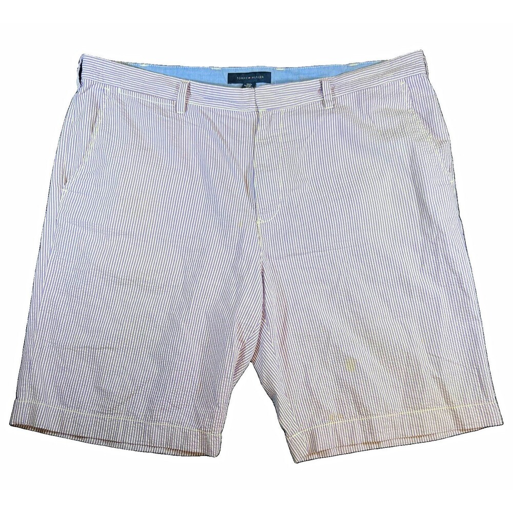 Tommy Hilfiger Mens Seersucker Chino Shorts Purple White Striped
